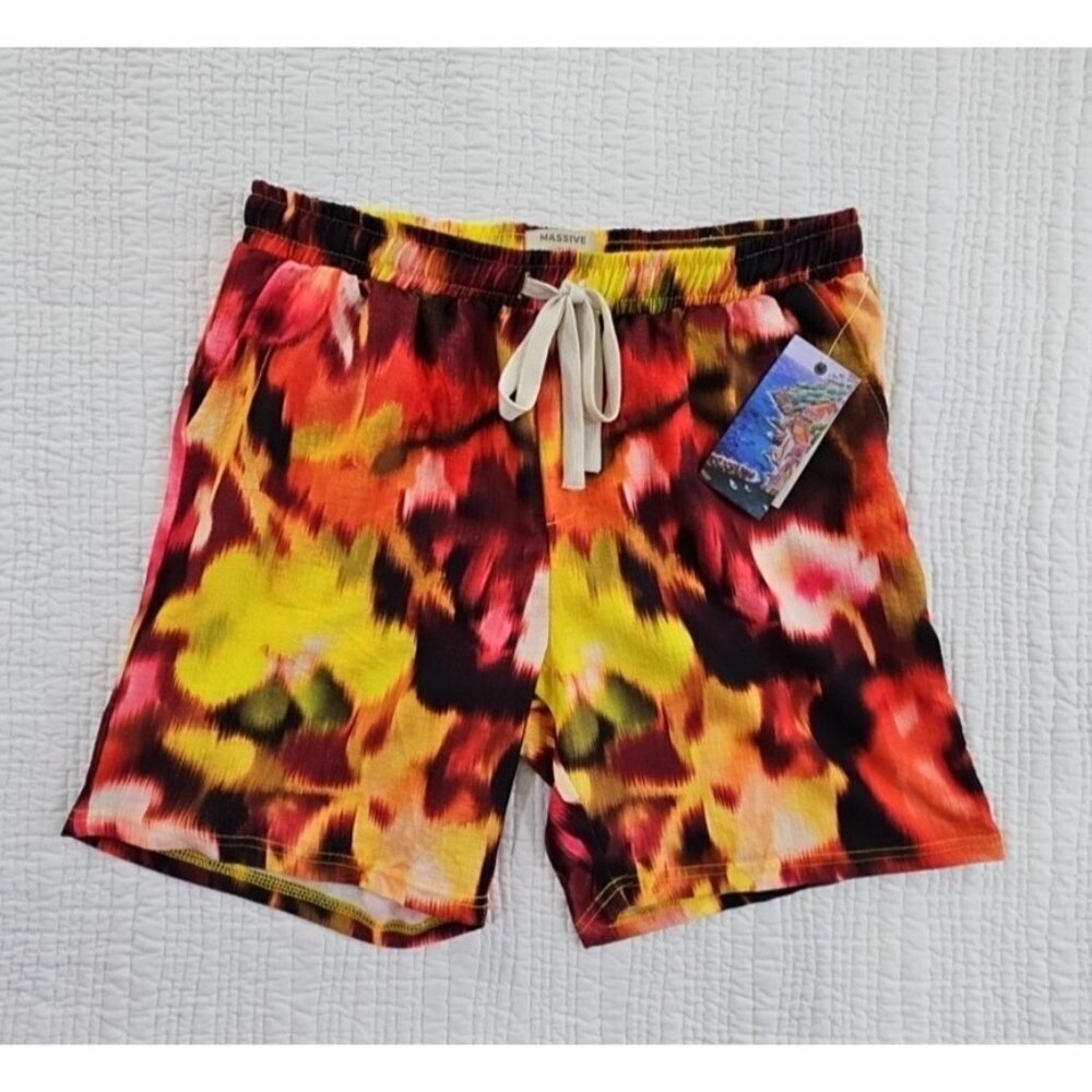 Massive Luxury Crinkle Drawstring‎ Shorts Men's M Medium Tie Dyed Red Yellow NEW